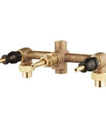 Unfinished Three-Hole Rough-In Tub And Shower Valve with Pro-Grade Multi-Handle Control Half Inch Union Inlets, brass exposed