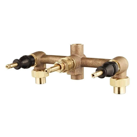 Unfinished Three-Hole Rough-In Tub And Shower Valve with Pro-Grade Multi-Handle Control Half Inch Union Inlets, brass exposed