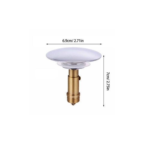 Useful Bathtub Plug with Pop up Mechanism for Bathroom Drain, chrome top with gold base, dimensions 6.9cm x 7cm.