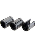 Three LM8 linear motion bearings, 8x15x24mm, metal cylinders with black inner race.
