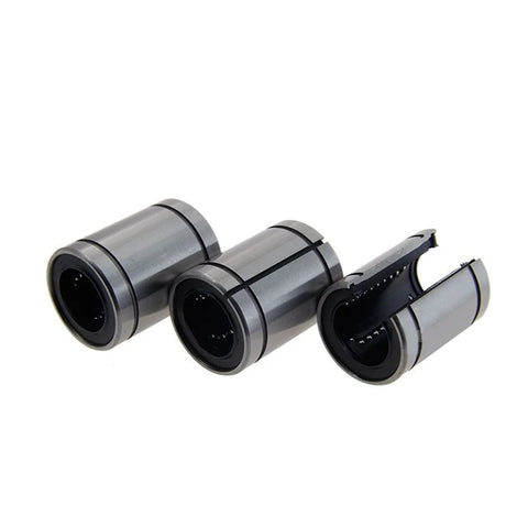 Three LM8 linear motion bearings, 8x15x24mm, metal cylinders with black inner race.