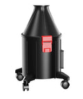 Rock Solid Wall Mounted Cyclone Vacuum Featuring Massive Turbo Suction And Dual Filter Wheeled Dust Collector, black design on wheels.