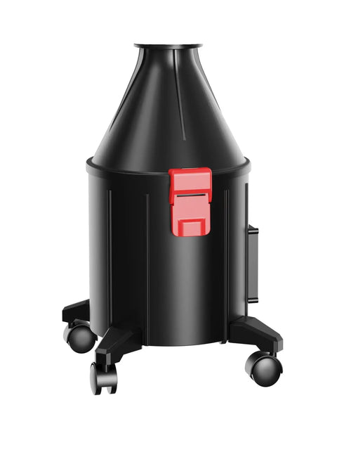 Rock Solid Wall Mounted Cyclone Vacuum Featuring Massive Turbo Suction And Dual Filter Wheeled Dust Collector, black design on wheels.