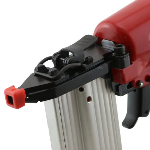 Heavy-Duty Pneumatic 18-Gauge Straight Brad Nailer Bad Boy Anodized Aluminum Magazine No-Mar Nose Tip Zero Hassle Reload Indicator Hardwood Flooring Trim Projects Stair Treads AX Series Compatible