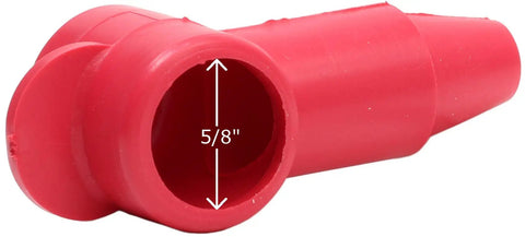 Red Flexible Stud Terminal Boots Five Sixteenths Inch To One Quarter Inch, Two Pack Over Nut Covers, side view showing 5/8 inch opening