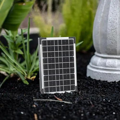 Solar panel of Tall White 44 Inch Fiberglass Resin Solar Water Fountain With Panel And Auto Shut Off Pump for garden decor.