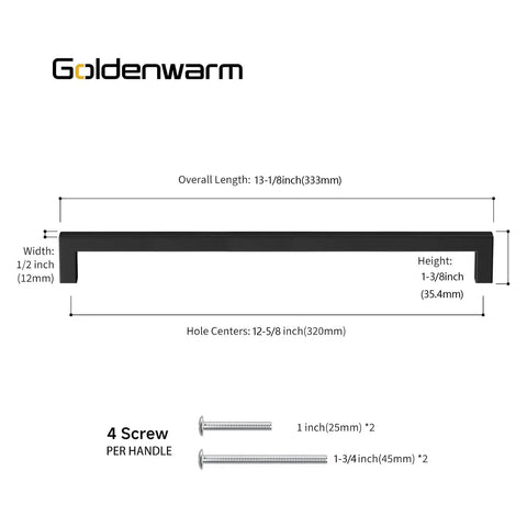 Black Square Bar Cabinet Pulls Set of 15, Stainless Steel Modern Hardware with dimensions and screws shown