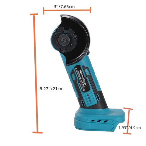 Cordless Brushless Mini Angle Grinder With 4000mAh Battery, 19500 RPM, side view, showing dimensions in centimeters and inches.