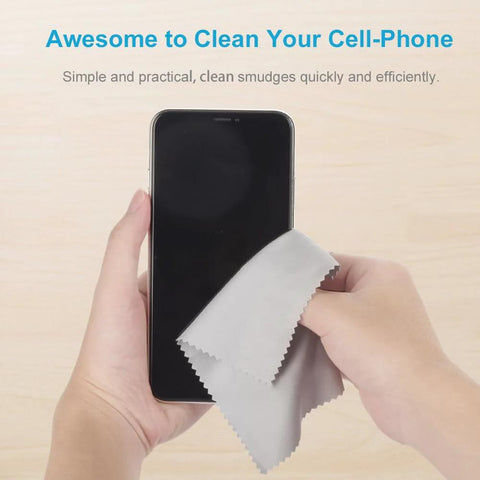 Microfiber cleaning cloth for electronics, gray, used on smartphone screen.
