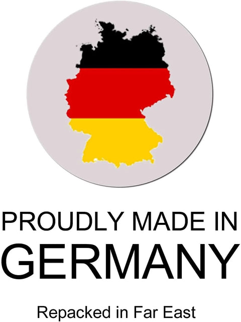 Round label featuring a Germany flag map and the phrases Proudly Made in Germany and Repacked in Far East.