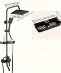 Black Rain Shower System with Handheld, Square Rainfall Head features matte black finish, adjustable slide bar, and storage shelf.