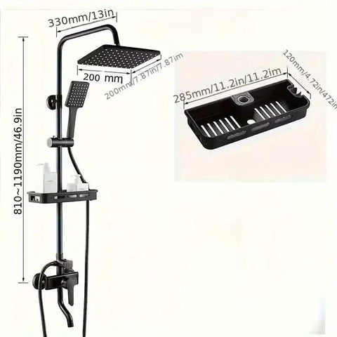 Black Rain Shower System with Handheld, Square Rainfall Head features matte black finish, adjustable slide bar, and storage shelf.