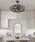 Rustic Ceiling Fan With Eight Dimmable Integrated Lights And Slick Smart Setup In Antique Pecan And Anthracite Finish above kitchen island.