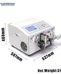 Heavy Duty Automatic Cable Cutting And Stripping Machine Digital Control For 0.2 To 10mm2 Wire Up To 7000 Pieces Per Hour side view with control panel and dimensions.