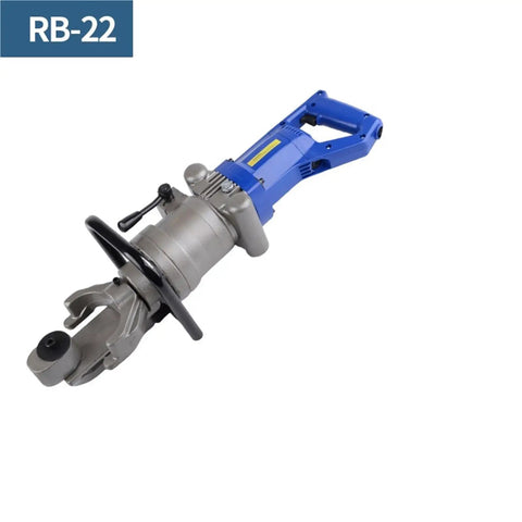 AOXHUGB Portable Electric Steel Rebar Bender And Cutter, RB22 model with a blue handle and silver cutting head for quick bending.