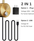 Plug-in and USB options for dimmable LED reading lamps for wall mounting on bed headboard, antique brass finish, set of 2