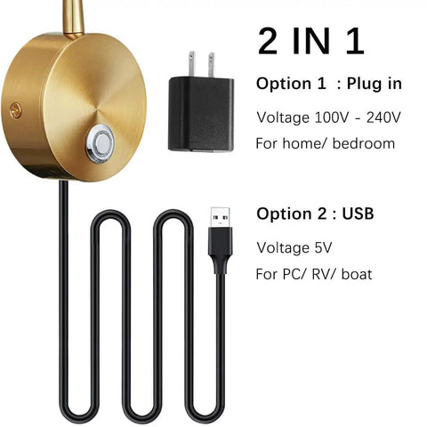 Plug-in and USB options for dimmable LED reading lamps for wall mounting on bed headboard, antique brass finish, set of 2
