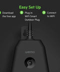 Easy setup instructions for WiFi Smart Outdoor Plug with two weather resistant outlets displayed on black background.