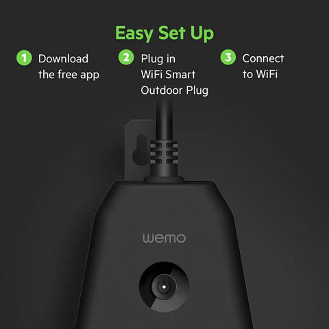 Easy setup instructions for WiFi Smart Outdoor Plug with two weather resistant outlets displayed on black background.