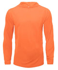 Orange UPF Fifty Plus long sleeve sun protection shirt with hooded rash guard, breathable polyester for outdoor athletes.