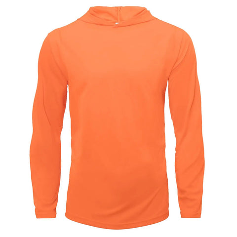 Orange UPF Fifty Plus long sleeve sun protection shirt with hooded rash guard, breathable polyester for outdoor athletes.