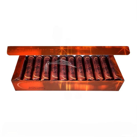 Open box displaying 196 Greek Incense Charcoal Tablets with quick ignition made from eco-friendly apple tree wood, pack size 7 by 28 rolls.