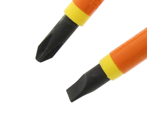 Top Shelf Insulated Screwdriver Set Two Piece Heavy Duty Voltage Rated Electrician Tools Featuring Four Inch Shafts with black tips.