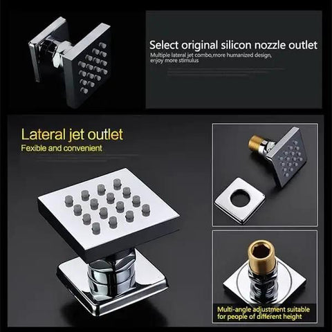 Lateral jet outlet for rainfall shower, featuring silicon nozzles, sleek chrome finish, adjustable for different heights.
