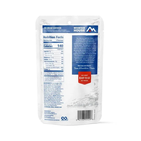 Back of Mint Chocolate Chip Ice Cream Sandwich Freeze Dried For Backpacking And Camping Dessert Or Trail Snack 12 Pack packaging