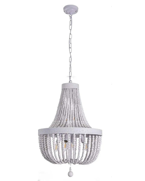 Six Light Boho Wood Beaded Chandelier Rustic Farmhouse Pendant Light For Dining Room Kitchen Living Room Hallway Foyer Entryway White Diameter 18.5 Inches, showing white wood beads and elegant design.