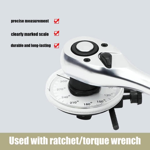 Close-up of MASITE PCWJ torque angle gauge with 1/2-in drive and 360° scale.
