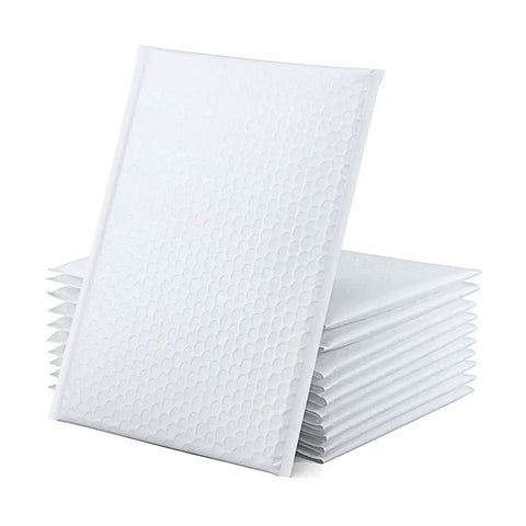 Stack of water resistant bubble mailers 6 inch by 9 inch size zero white padded packing envelopes, 10 pack, self sealing cushioned shipping bags