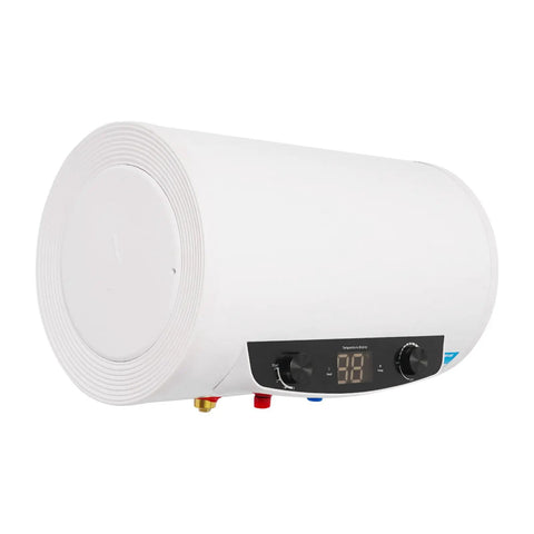 Instant On Demand Electric Water Heater With Dial In Thermostat And Led Display wall mounted under sink, showing digital display and knobs.