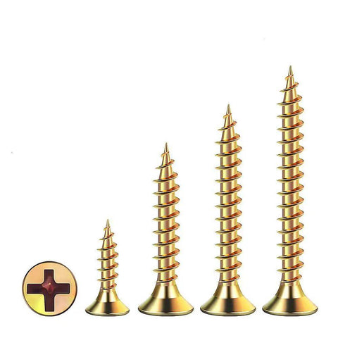 High Strength Zinc Plated Flat Head Wood Screws in various sizes with deep threads, ideal for tough carpentry and home repairs.