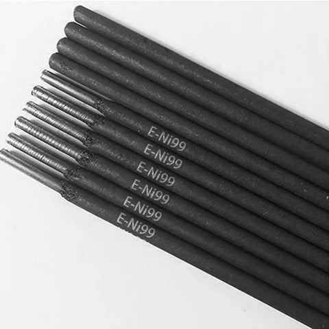 Nickel 99 Welding Rods For Gray Cast Iron And Steel Repair, One Eighth Inch Electrodes, 5 Pack, Easy Workability For Filling Cracks And Building Strong Joints, Ideal For DIY Projects And Pros; E-Ni99 rods on white background