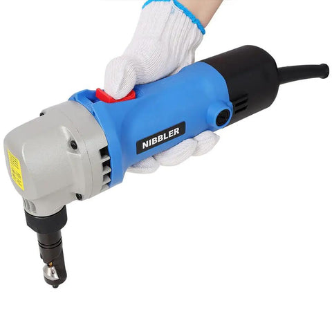 Pro Electric Sheet Metal Nibbler Cutter With Strong 500W Motor And 2000 RPM Speed for cutting steel, held in hand with glove.