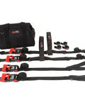 Ultimate UTV Tie Down Kit For Trailer Transport With Tire Bonnets, Wheel Lasso Straps, Speedwraps And Handy Storage Bag in black and red.
