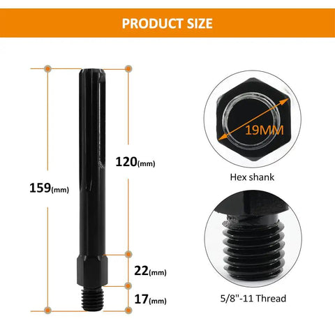 One Piece Core Drill Adapter 5/8-11 to SDS MAX Shank, 159mm total length, nickel plated steel, product size and dimensions shown
