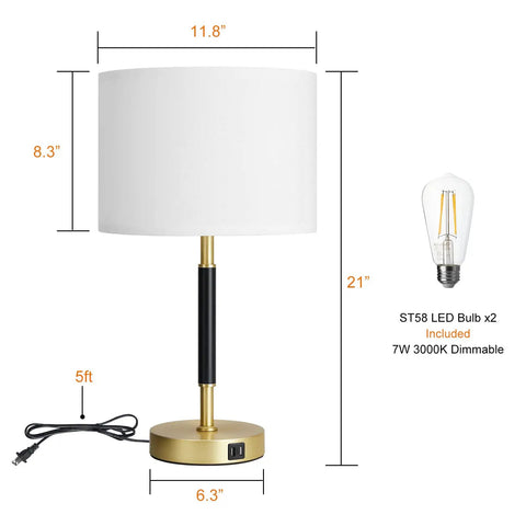 Touch Control Table Lamp Set Of 2 Gold Finish Lamps With Dual USB Ports And AC Outlet, 3 Way Dimmable Modern Nightstand Light for Bedroom and Living Room, White Linen Shade, LED Bulbs Included