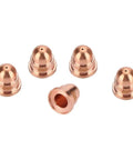 Top Shelf 5pcs Copper Plasma Torch Nozzles High Performance Consumables For Cutting Machine Made Of Premium Metal For Stainless Steel And Iron Works, five copper torch nozzles arranged.