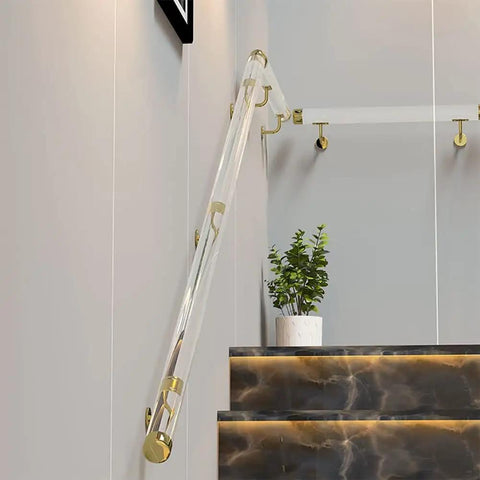 Custom Sized Acrylic Handrail Kit Heavy Duty Lucite Stair Rail mounted on wall with gold brackets for modern stair safety.