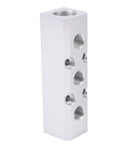 Three Way Aluminum Air Manifold With Five Ports, One Quarter Inch NPT Output And Half Inch NPT Supply Port, side angle view