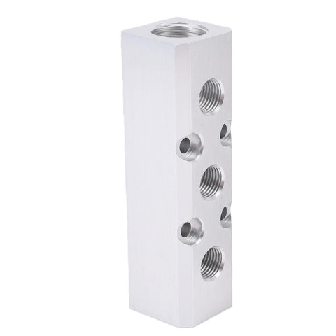 Three Way Aluminum Air Manifold With Five Ports, One Quarter Inch NPT Output And Half Inch NPT Supply Port, side angle view