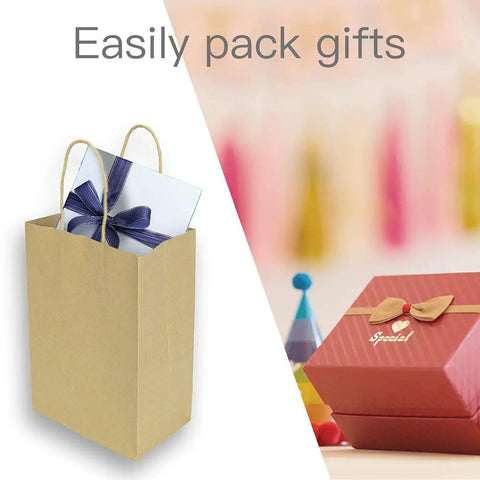 Brown Kraft Paper Bags With Handles 5.25x3.25x8 Inches, 100 Pack Bulk Small Gift Bags filled with gift box, suitable for parties.