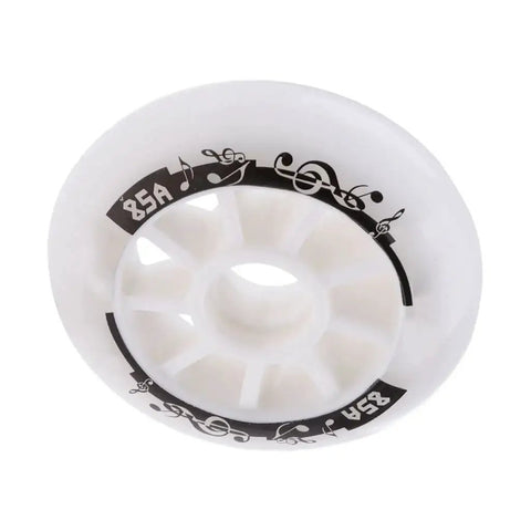 Close-up of Durable Inline Skate Wheels 90mm And 110mm 85A Durometer, white with black design, smooth for indoor/outdoor use.