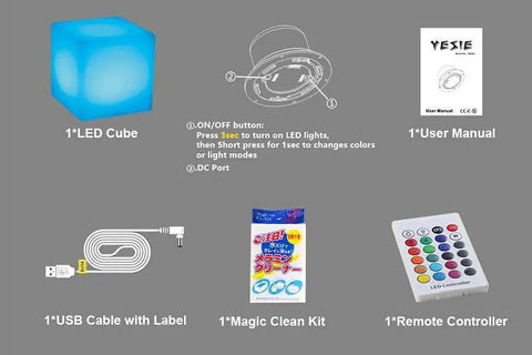 16-Inch Cordless LED Cube Light With Removable Panels, USB cable, remote, user manual, magic clean kit