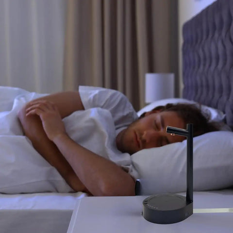 Water Dispenser And Mini Fridge All In One For Bedroom Nightstand And Office Quick Access To Cold Water with sleeping person in background