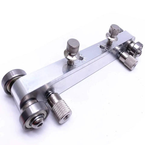 Adjustable Guitar Nut And Bridge Sander Luthier Tool for electric, acoustic, and bass guitars with aluminum body and steel rollers.