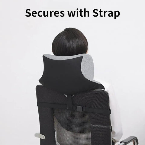 Ergonomic Office Chair Headrest With Adjustable Neck Support Pillow attached to chair with strap, gray memory foam design.