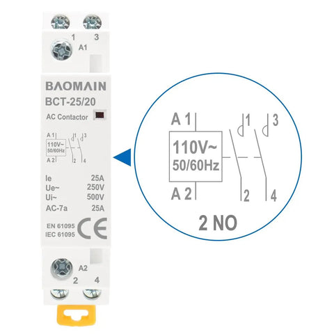 Image of Beefy 110V AC 2 Pole Contactor With 2NO Normally Open Contacts, 25A Rating, Model BCT 25 20 110VAC showing specifications.